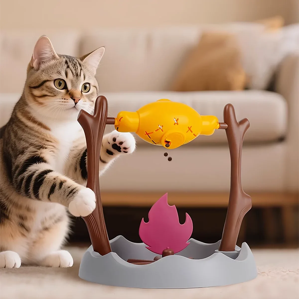 Campfire BBQ Interactive Cat Toy, Rolling Treat Dispenser Food Leak Chew Puzzle Toy for Kittens & Cats Pet Christmas Holiday Gift