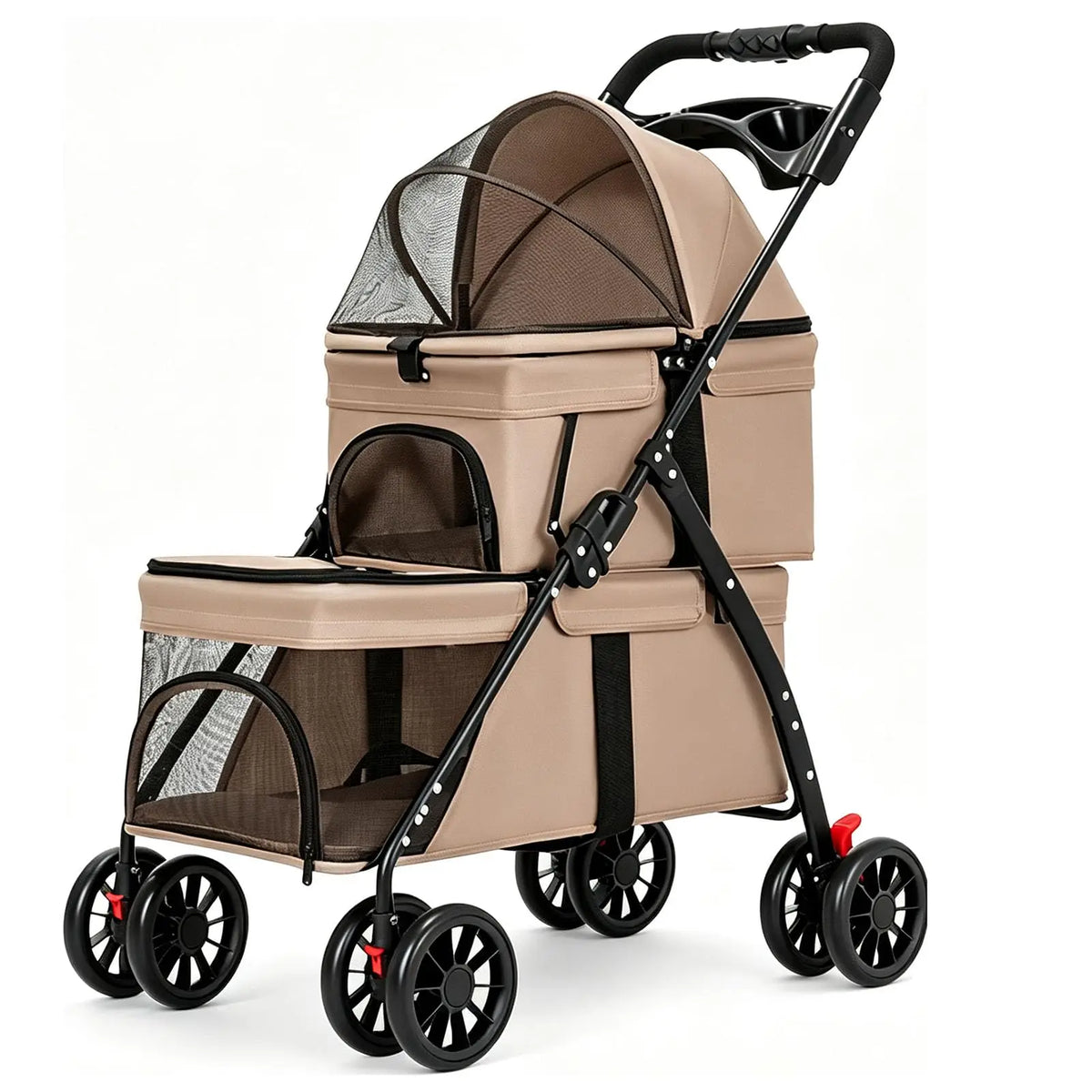 Foldable Double Decker Pet Stroller 4 Wheels Breathable Mesh Puppy Cat Travel Stroller for Multi-Pet Families Outdoor Walking