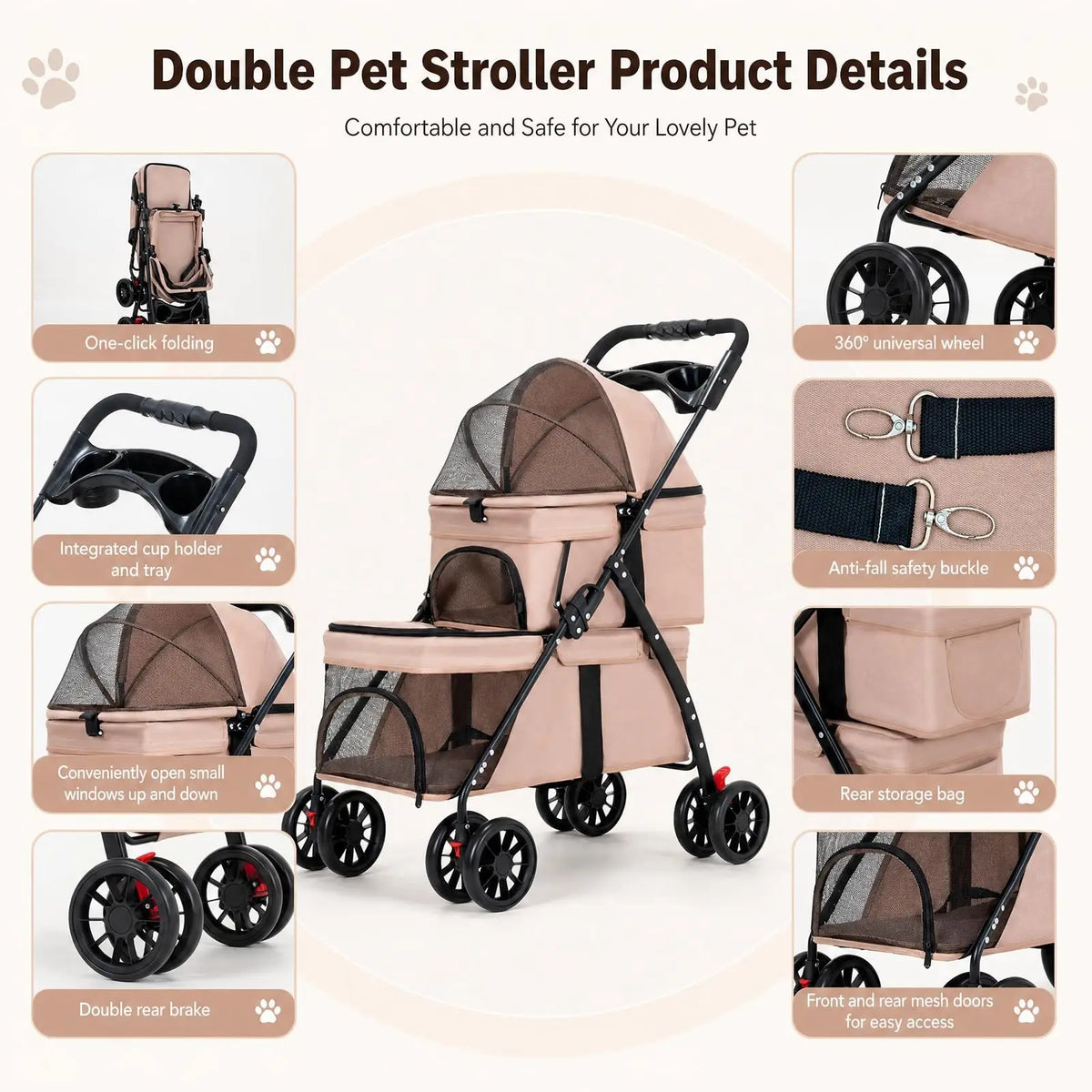 Foldable Double Decker Pet Stroller 4 Wheels Breathable Mesh Puppy Cat Travel Stroller for Multi-Pet Families Outdoor Walking