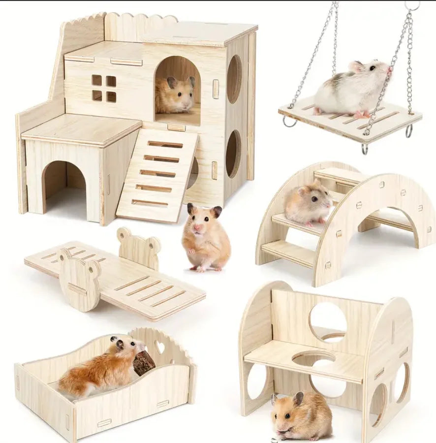 Bite resistant golden bear wooden toy swing seesaw rainbow house rainbow bridge hamster solid wood decoration home