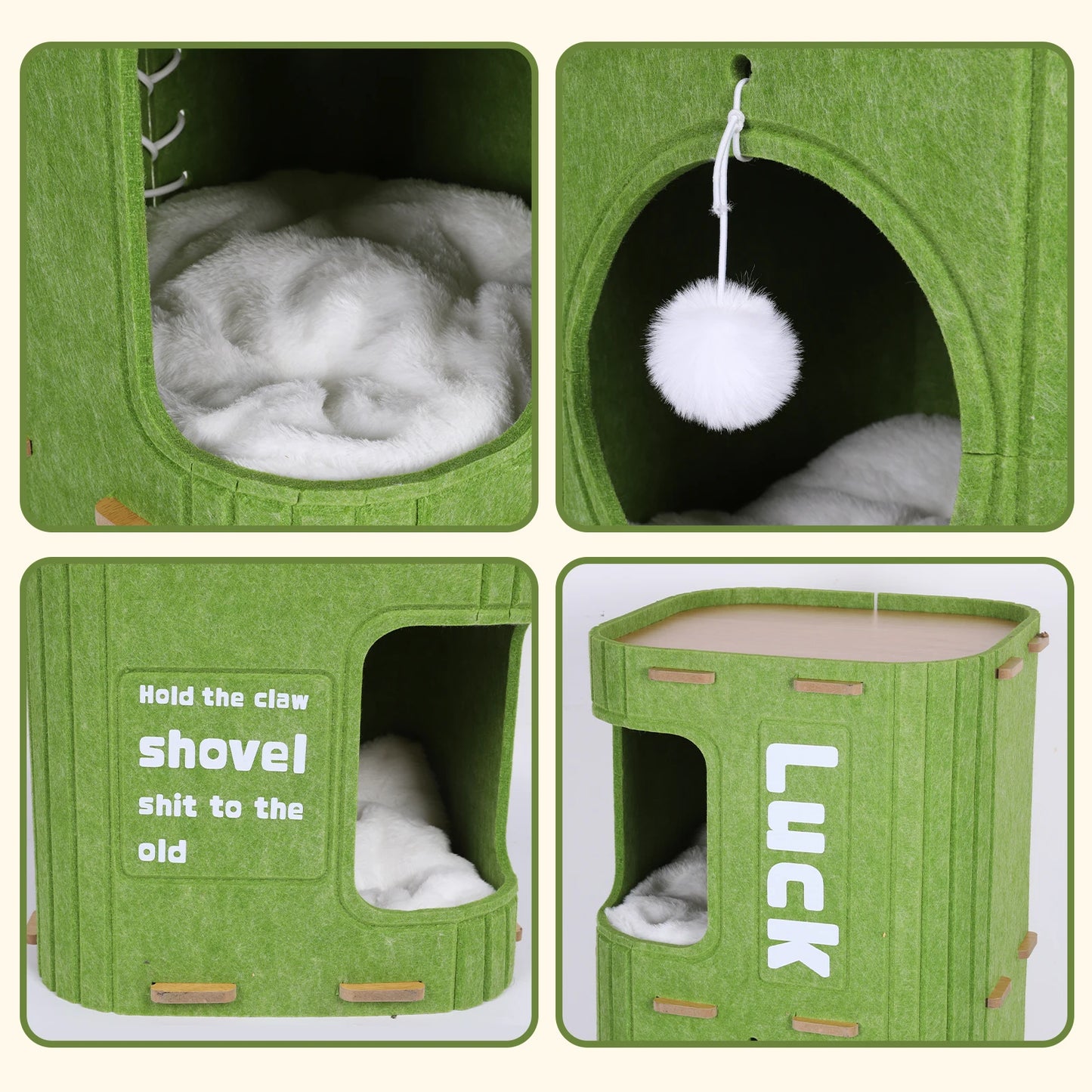 3-Tier Green Felt Cat Bed Multifunction Integrated Felt Cat Cave Creative Cat Bucket for Multi-Cat Family Pet Entertain Nest