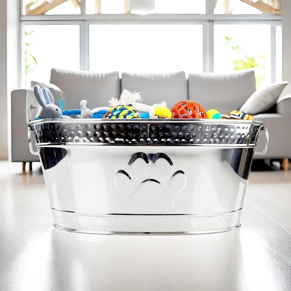 Metal Indestructible Dog Toy Bin - Steel Dog Toy Basket with Handles, Pet Toy Box, Oval for Blankets, Leashes, & Toys for Aggres