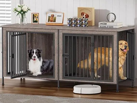 78 Inch Dog Cage Furniture for 2 Pets with Divider, XXL Wooden Double Dog Crate Furniture TV Stand for Mideum and Large Breed,