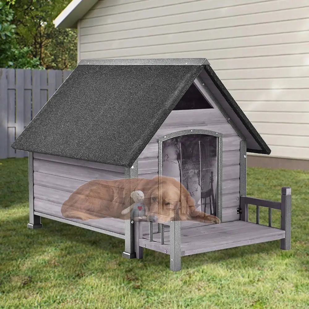 Dog House or Outdoor/Indoor, Weatherproo Outdoor Kennel or Large Dogs, Chew-Resistant Iron e & Asphalt Roo (Grey, L)