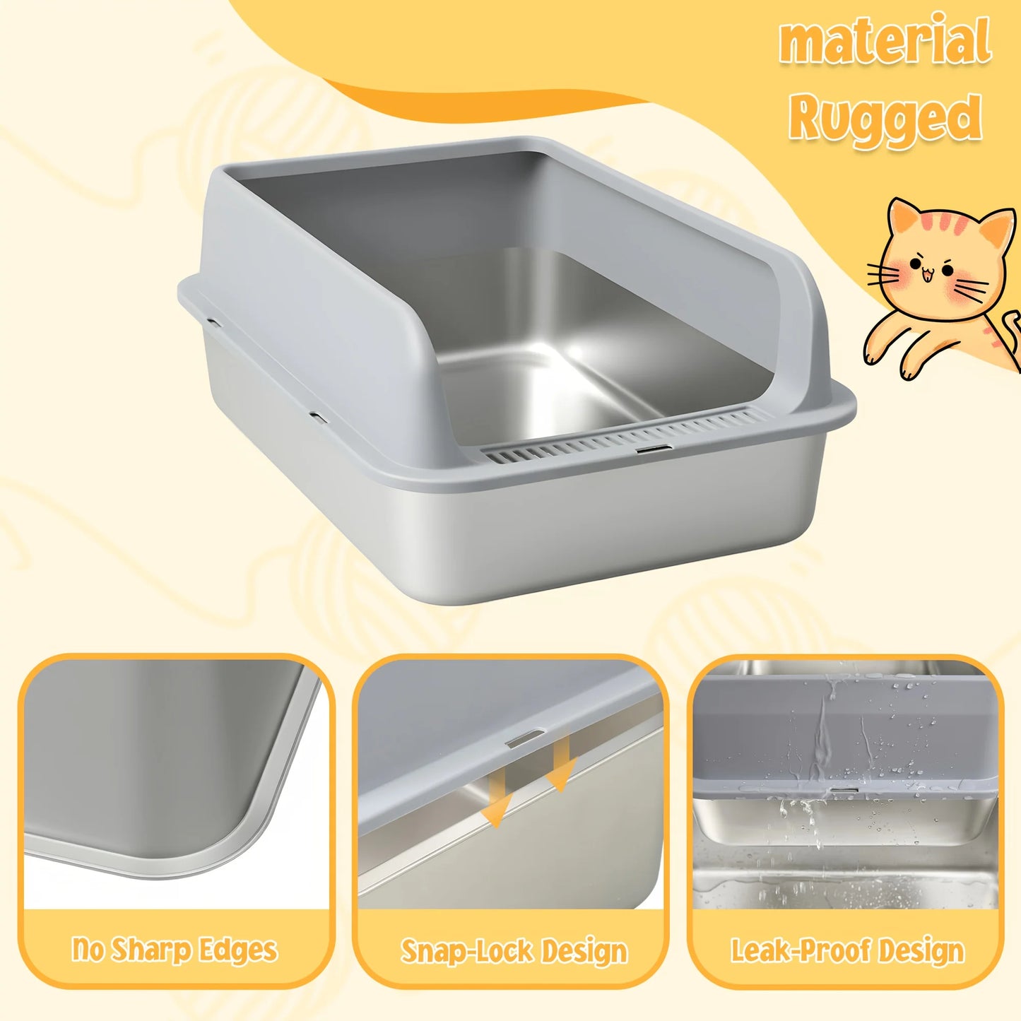 Stainless Steel for cat Litter Box, Medium And Large Litter Box For Cats With Scoop, Metal Litter Pan Tray With High Wall Sides