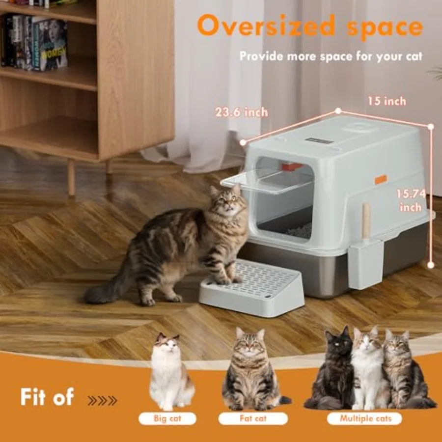 XXL Stainless Steel Cat Litter Box with Infrared Sensor for Multiple Cats Grey Large Ccity Auto-Detection Auto-Stop Safety Non-
