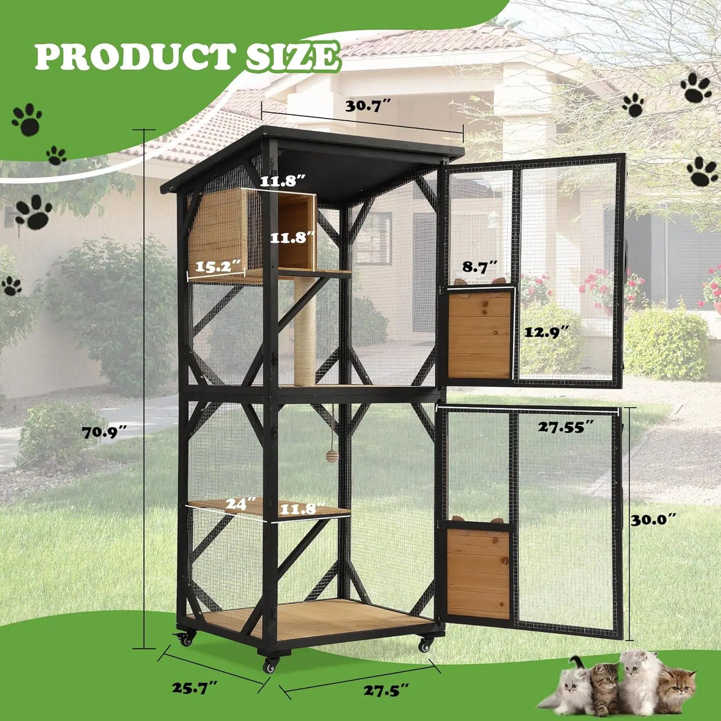 Cat Catio 4 Tiers Outdoor Cat Enclosure Window Access, Indoor Cat House with Wheels and Removable Floor