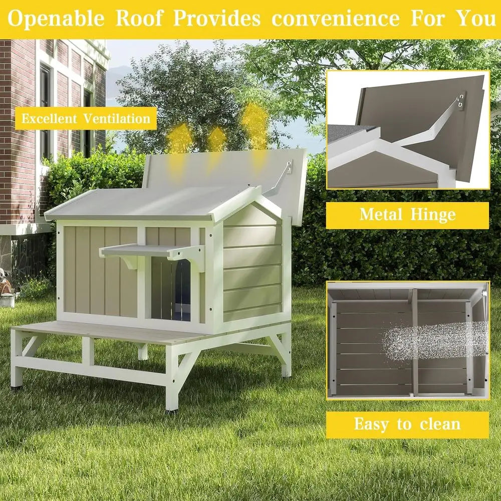 Outdoor Cat Shelter with Balcony, Weatherproof House for 1-3 Cats, Grey Wooden Enclosure with Elevated Base