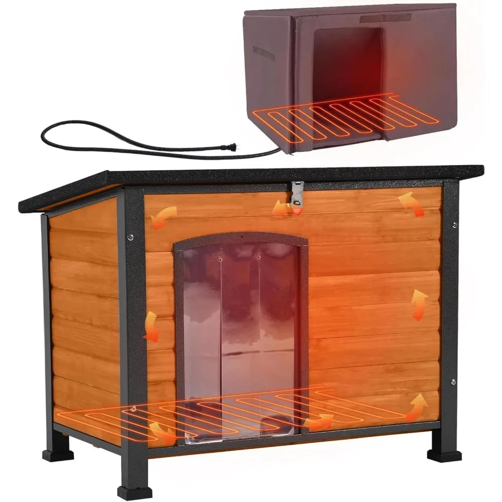 Dog House Outdoor Heated Dog Kennel with Insulated Liner & Heater for Winter Strong Iron Frame Large Dog Cage for Small