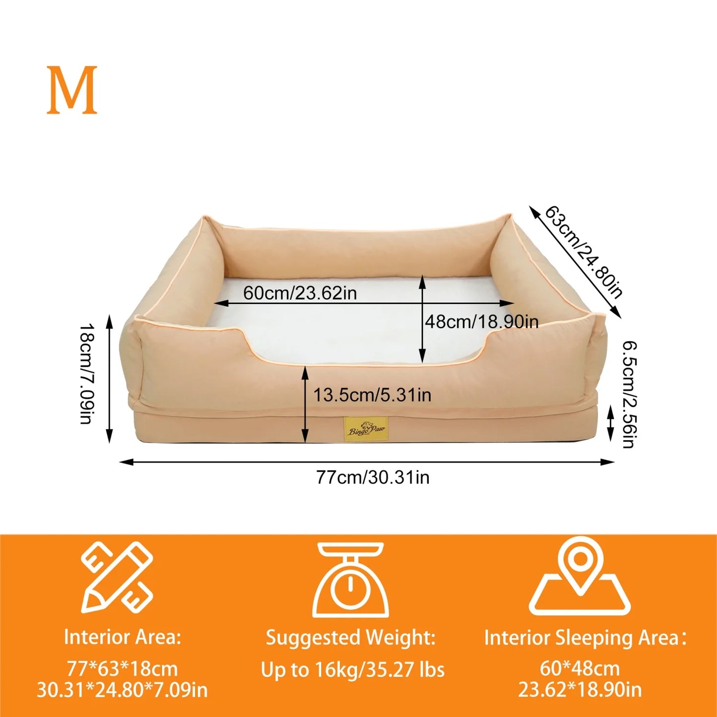 M-3XL Rectangular Dog Beds Orthopedic Dog Pet Sofa Couch Bed with Bolster Washable Pet Couch Lounger Sponge Base for Large Dogs Waterproof Lining Removable Cover