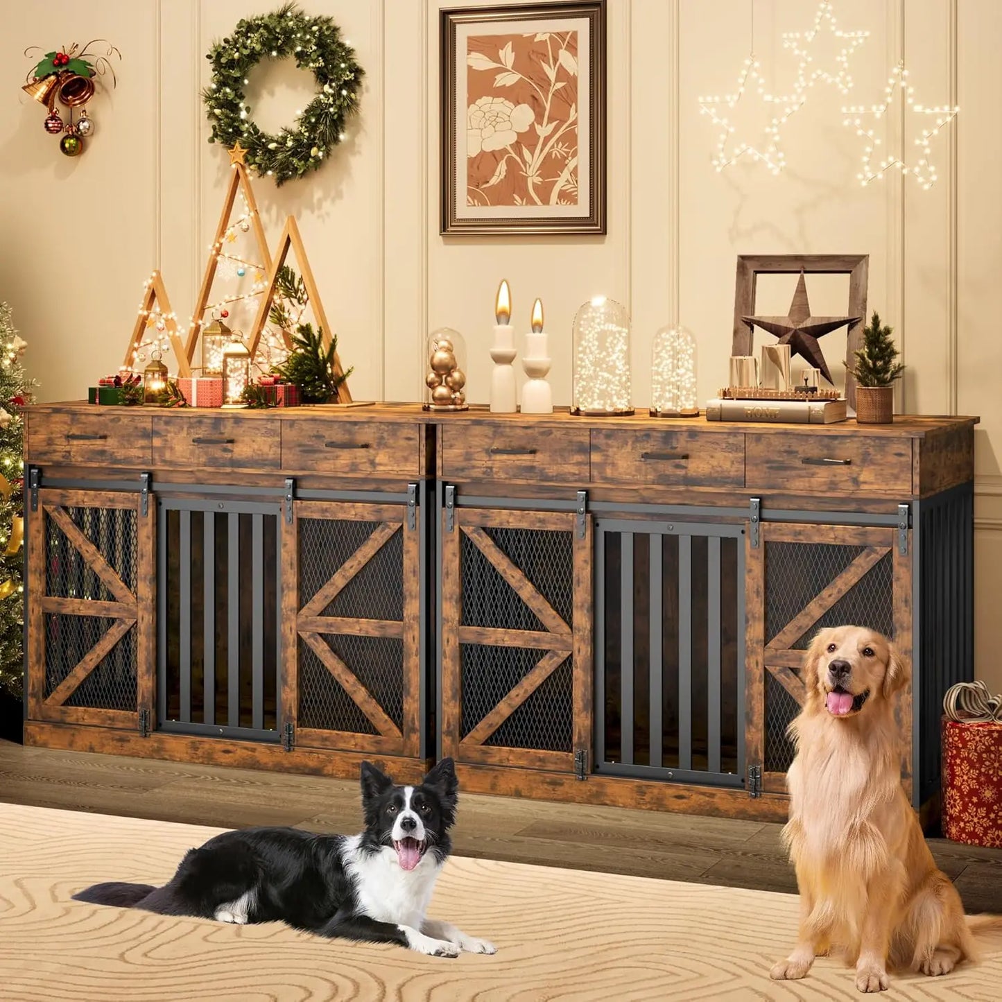 48 Inch Large Dog Crate Furniture with 3 Storage Drawers, Wooden Pet Kennel with Removable Divider