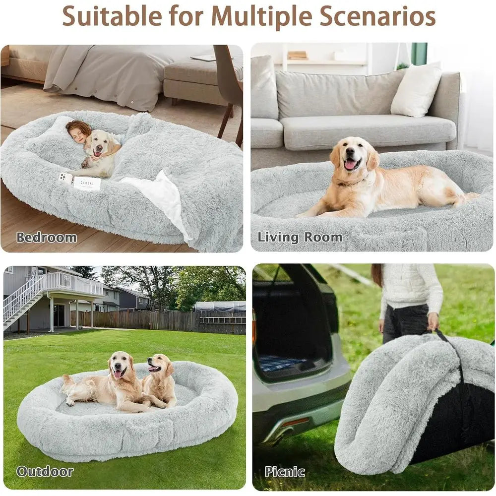 Oversized 71x45x12 Grey Memory Foam Dog Bed with Pillow, Blanket & Strap for Adults and Large Pets,Customized