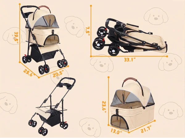 2-in-1Pet Stroller for Small Dogs Cats Foldable Lightweight 4 Wheel Dog Stroller with Removable Carrier Travel Portable Pet Cart