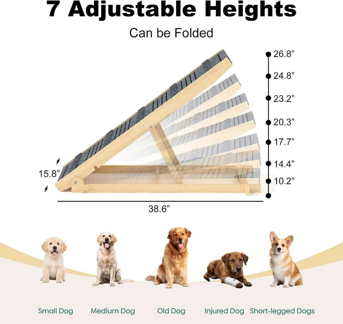 7-Height Adjustable Dog Ramp for Bed, Solid Wood Folding Pet Ramp with Anti-Slip Carpet Surface, No Assembly, Supports 150 lbs
