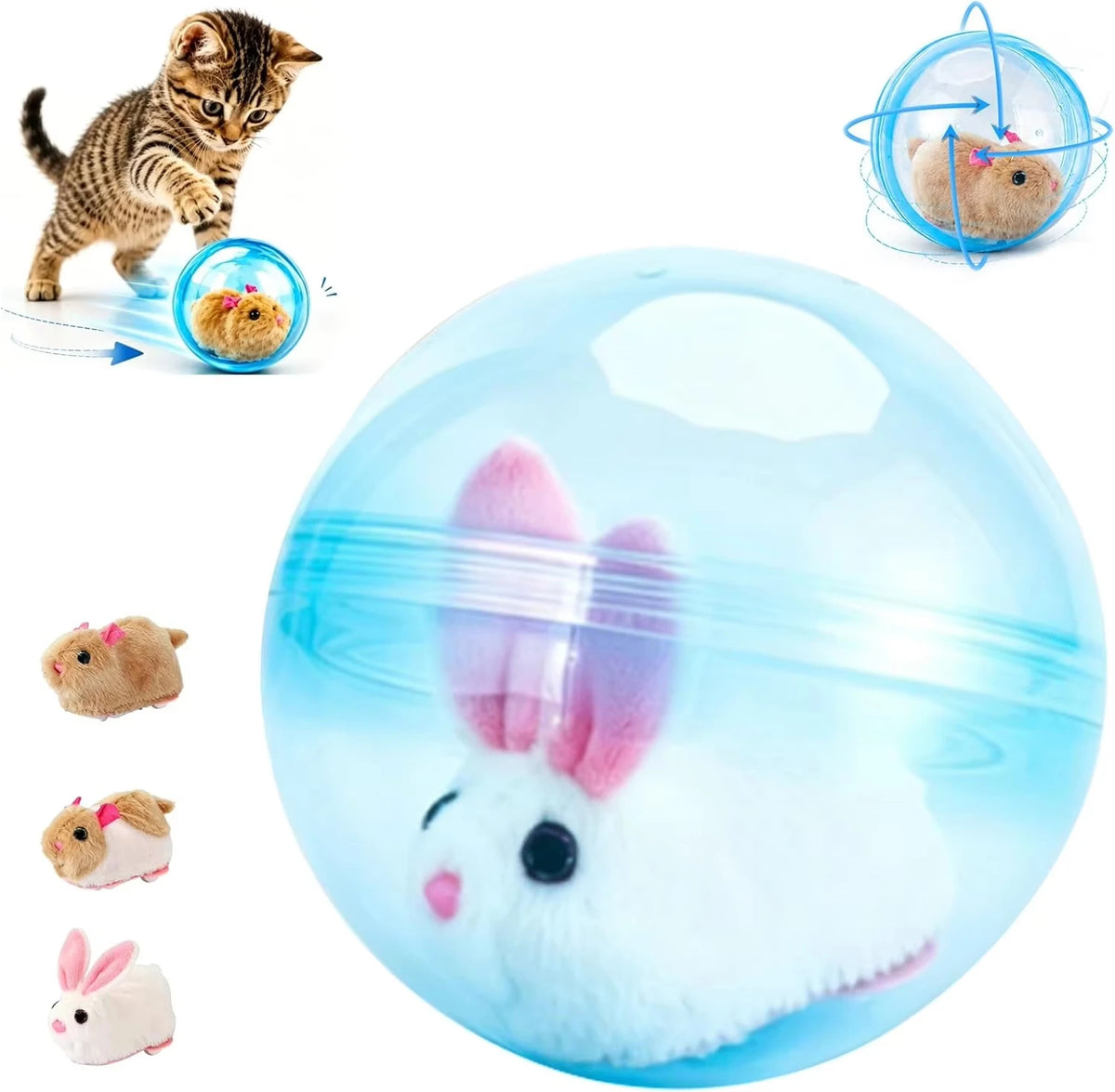 Self‑Rotating Obstacle Avoid Electric Cat Toy Ball, Battery Powered Transparent Interactive Plush Rabbit Rolling Pet Ball for Cats Small Dogs Indoor Exercise