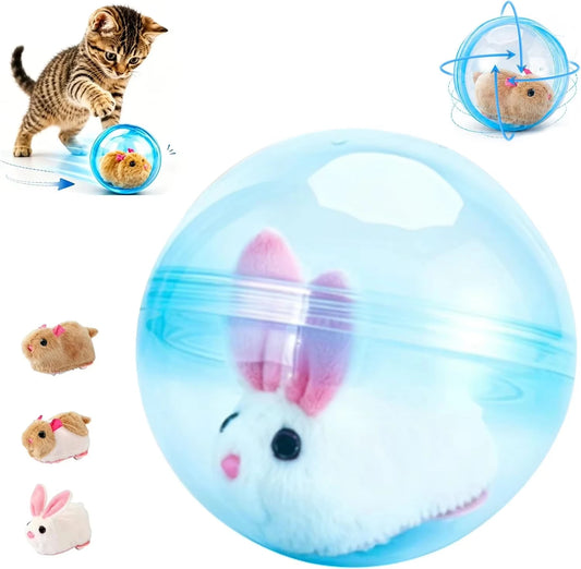 Self‑Rotating Obstacle Avoid Electric Cat Toy Ball, Battery Powered Transparent Interactive Plush Rabbit Rolling Pet Ball for Cats Small Dogs Indoor Exercise