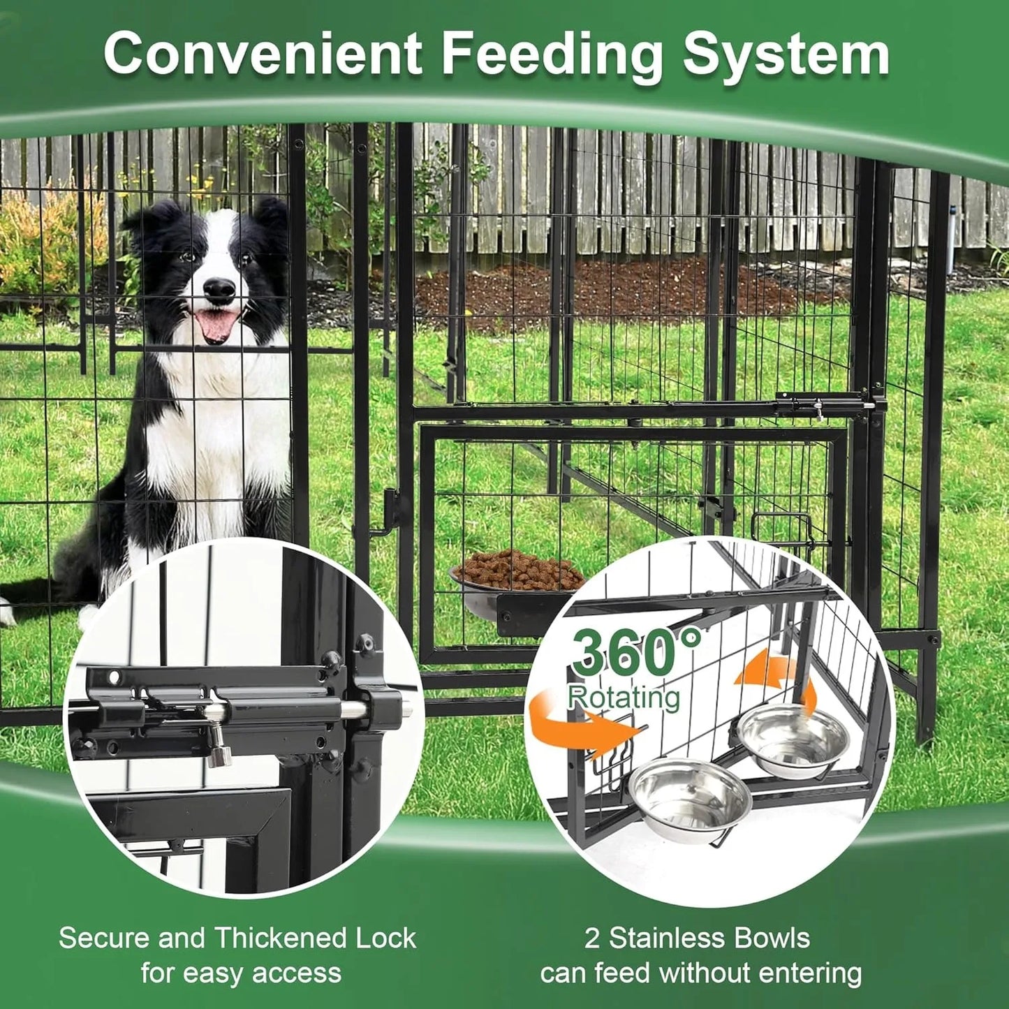 Outdoor Dog Kennel Large Heavy Duty Welded Wire Steel with Roof Rotating Bowls Secure Lock Backyard