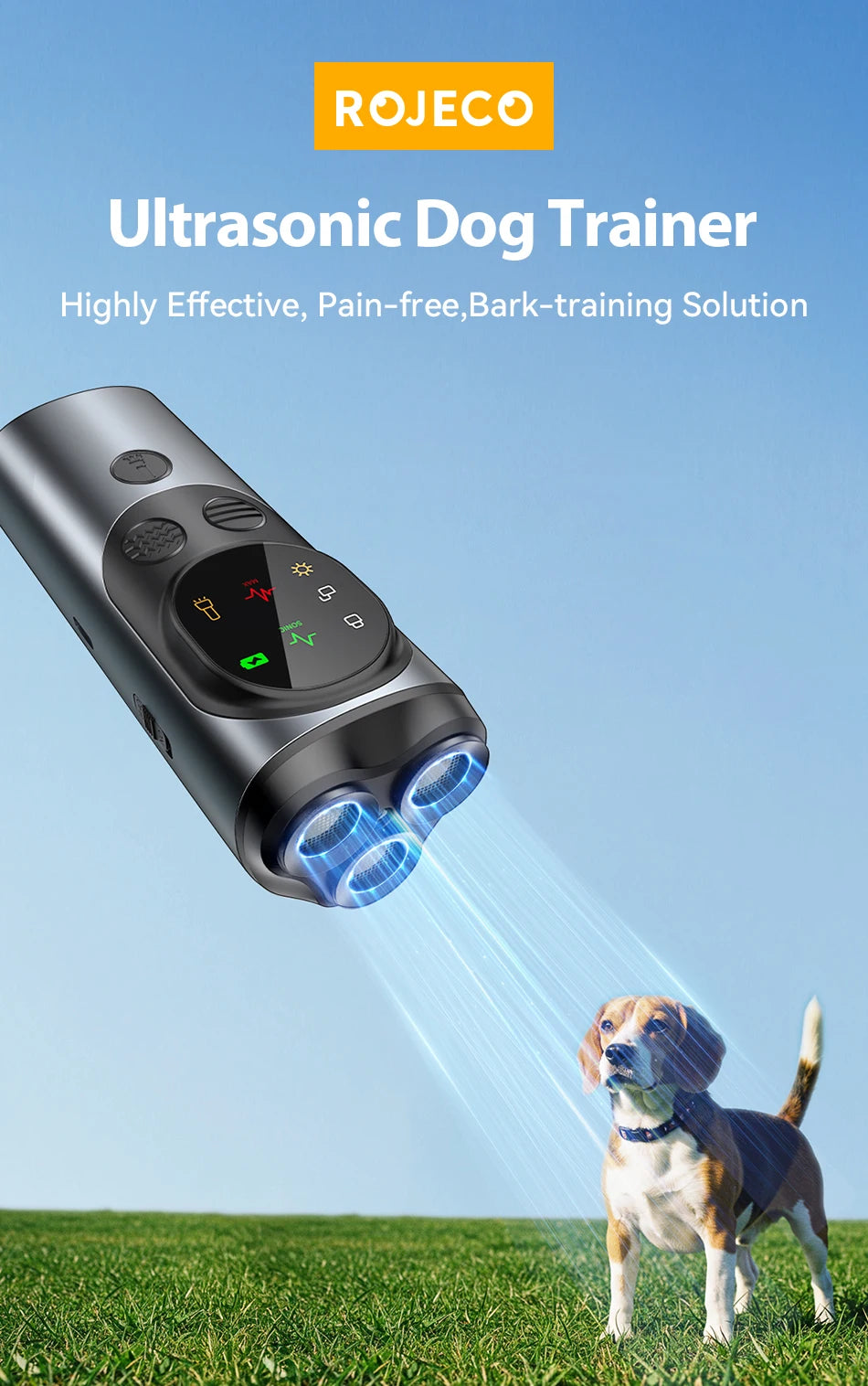ROJECO Dog Repeller Ultrasonic High Power Dog Anti Barking Training Device Rechargeable Dog Repeller Trainer With LED Flashlight