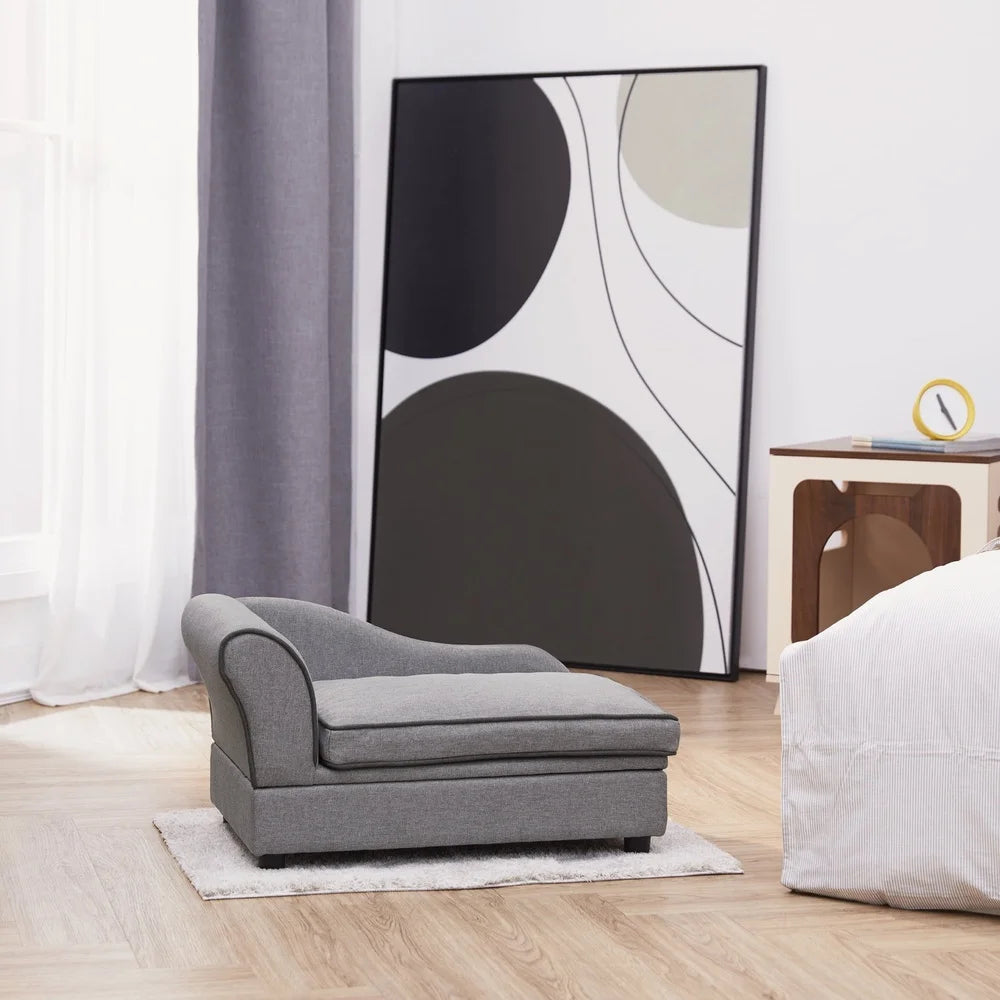 Stylish Chaise Lounge Dog Bed with Storage Medium Dogs Cozy Pet Sofa Elegant Upholstered Pet Furniture