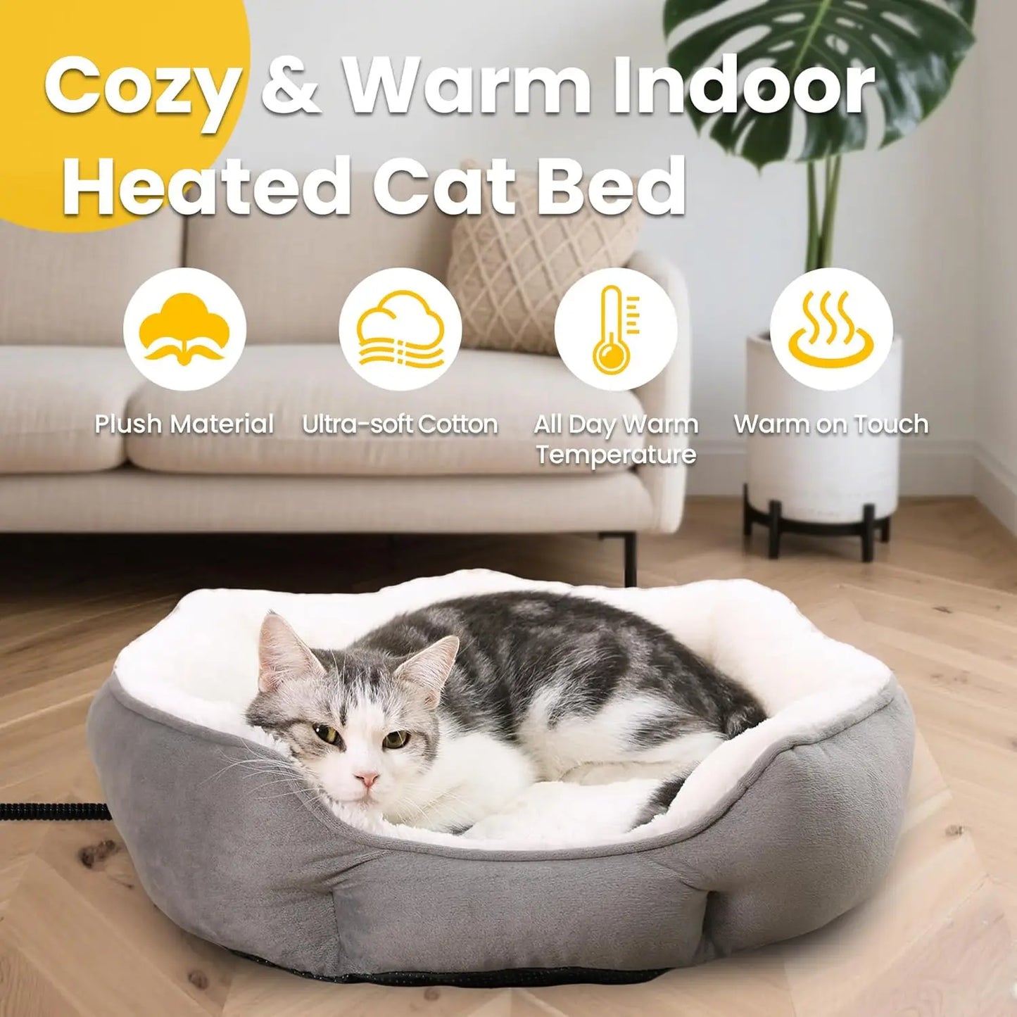 Heated Cat Bed 20x20in for Cats & Small Dogs - Warm Plush Round Heating Bed with Overheat Protection