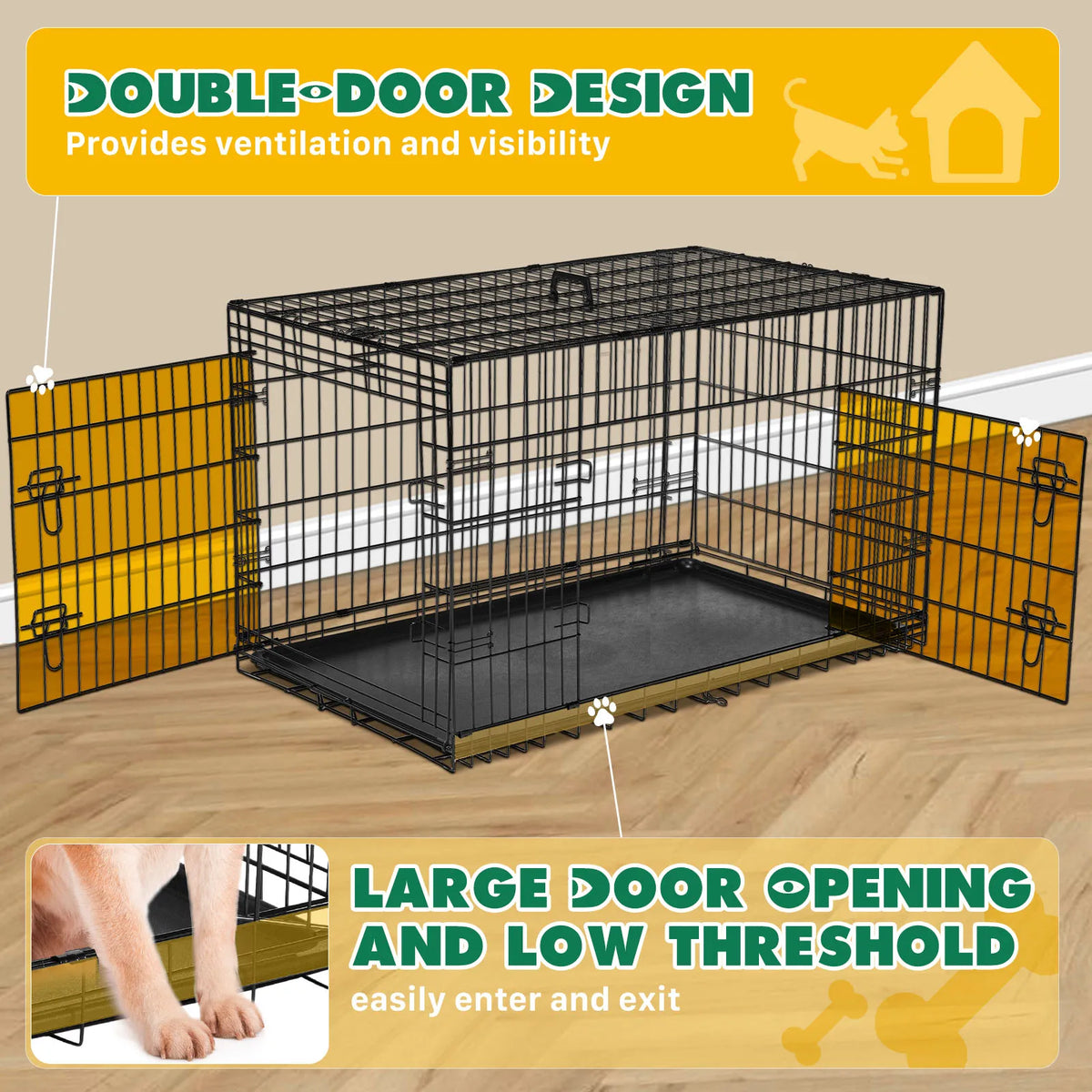 JHK 48 Inch Double Door Folding Metal Wire Dog Cage with Plastic Leak-Proof Pan Tray Extra Large Pet Kennel for Outdoor Travel