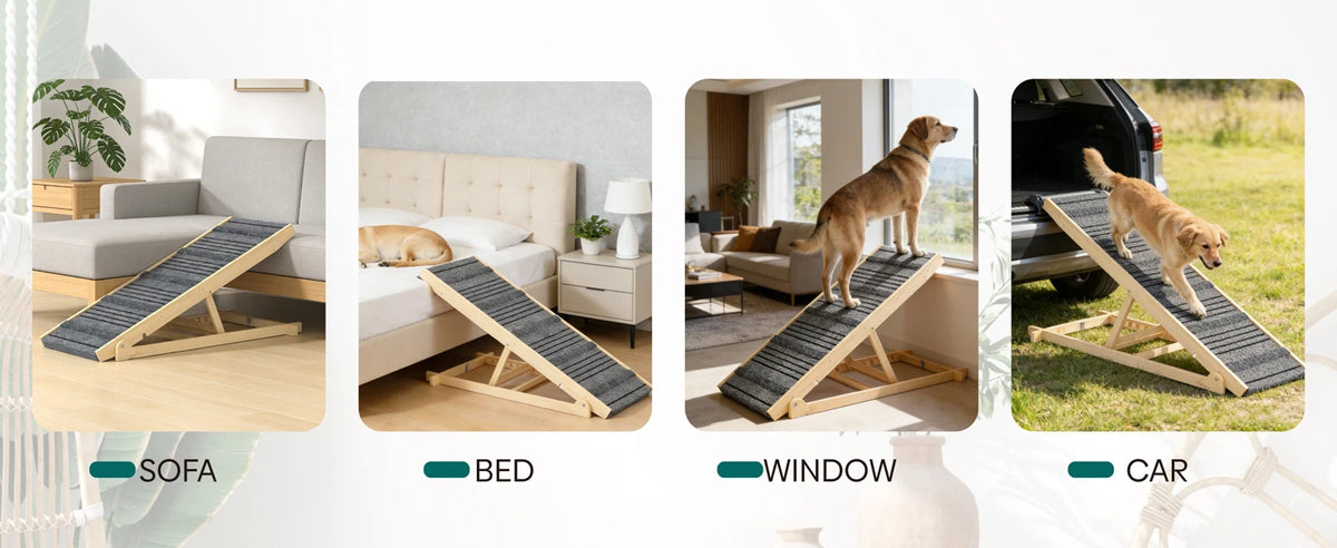 7-Height Adjustable Dog Ramp for Bed, Solid Wood Folding Pet Ramp with Anti-Slip Carpet Surface, No Assembly, Supports 150 lbs