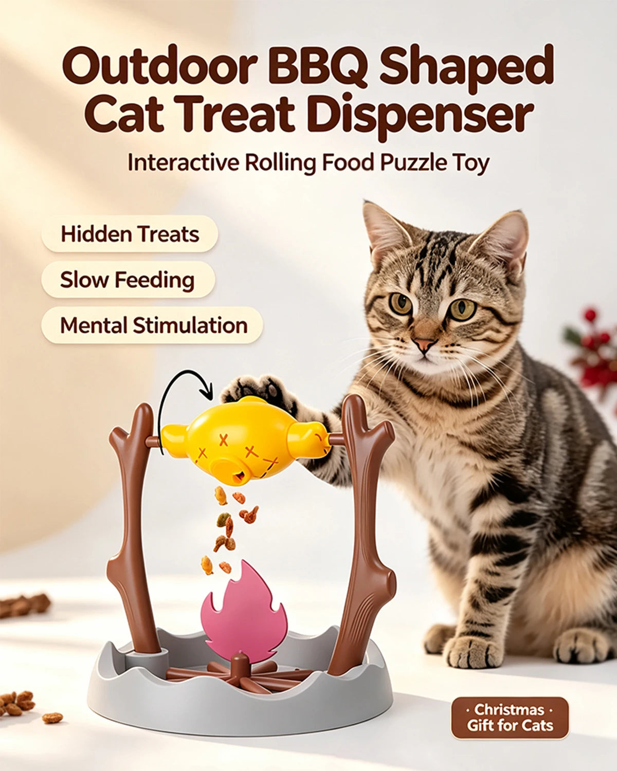 Campfire BBQ Interactive Cat Toy, Rolling Treat Dispenser Food Leak Chew Puzzle Toy for Kittens & Cats Pet Christmas Holiday Gift