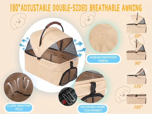 2-in-1Pet Stroller for Small Dogs Cats Foldable Lightweight 4 Wheel Dog Stroller with Removable Carrier Travel Portable Pet Cart