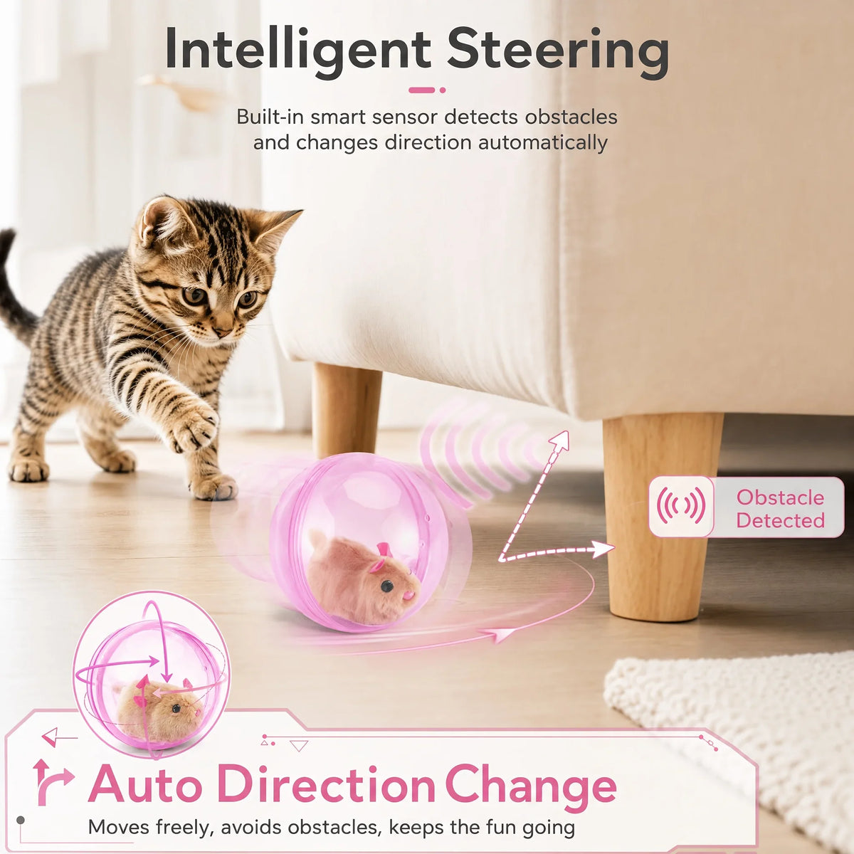 Self‑Rotating Obstacle Avoid Electric Cat Toy Ball, Battery Powered Transparent Interactive Plush Rabbit Rolling Pet Ball for Cats Small Dogs Indoor Exercise