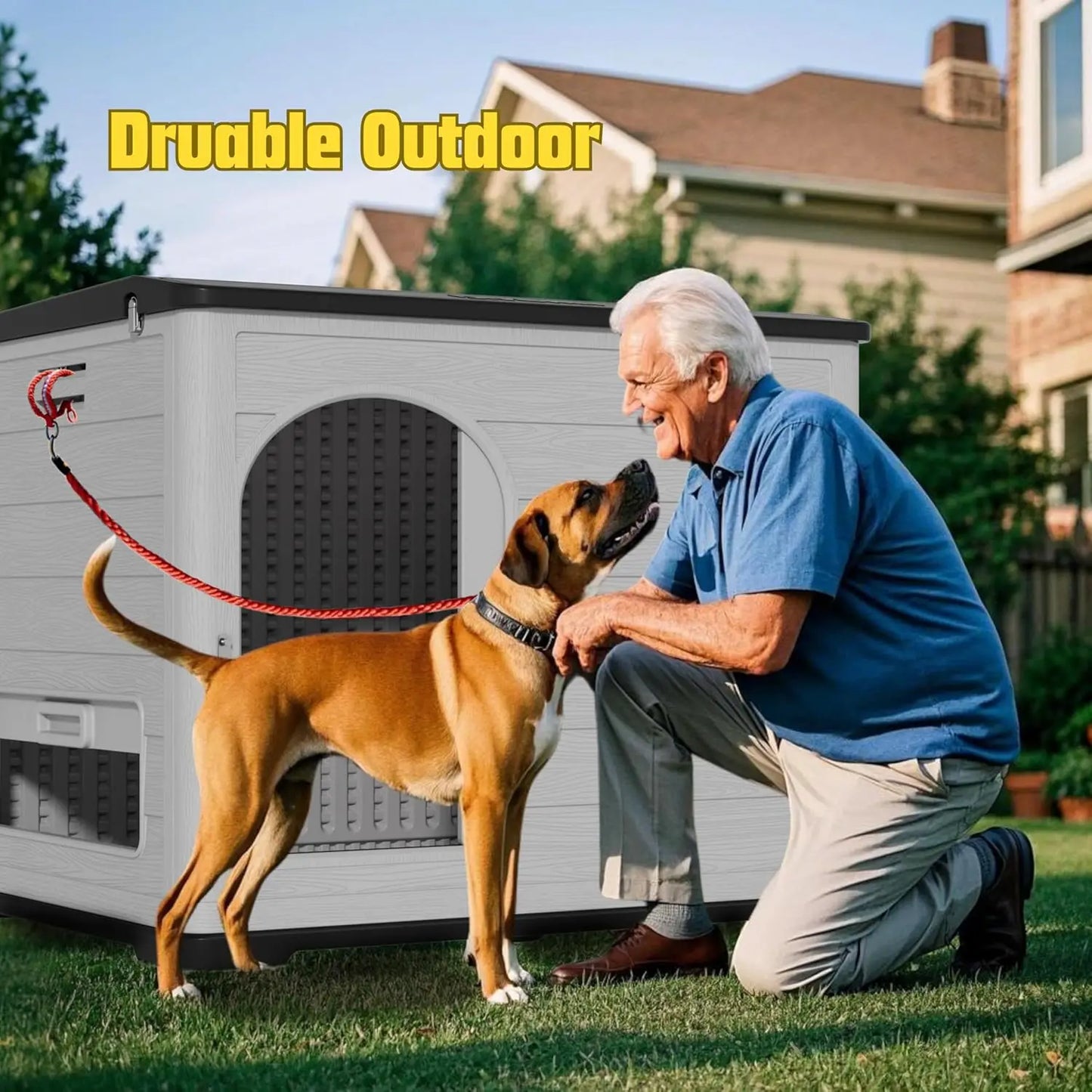XLarge Plastic Dog House Big Dogs Indoor Outdoor Double-Layer Insulated Open-Top Lockable Door Elevated Floor 46x38x39inchCustom