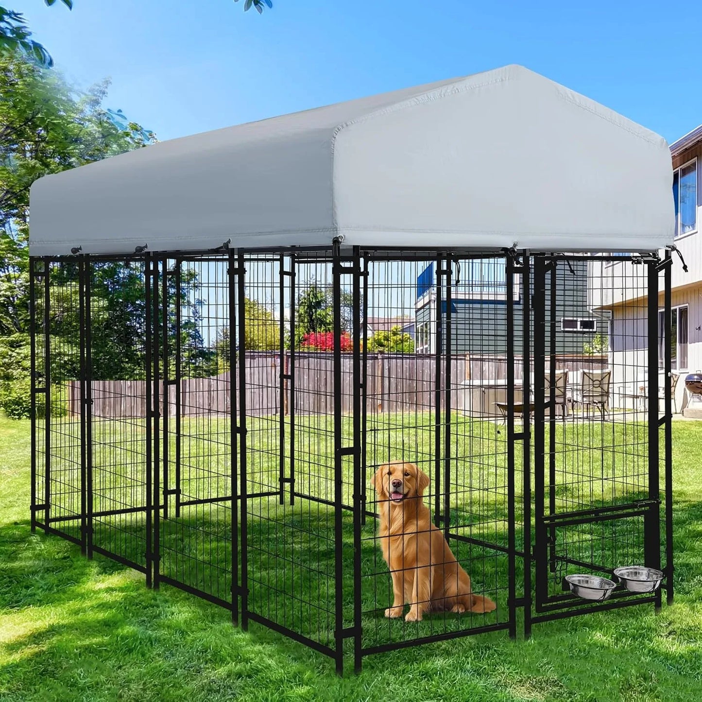 Outdoor Dog Kennel Large Heavy Duty Welded Wire Steel with Roof Rotating Bowls Secure Lock Backyard
