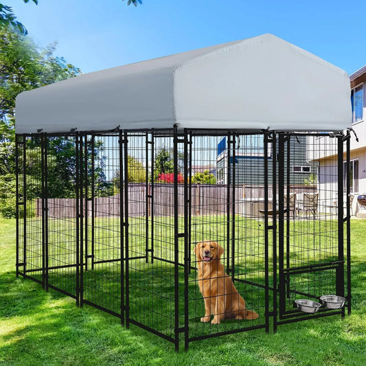 Outdoor Dog Kennel Large Heavy Duty Welded Wire Steel with Roof Rotating Bowls Secure Lock Backyard