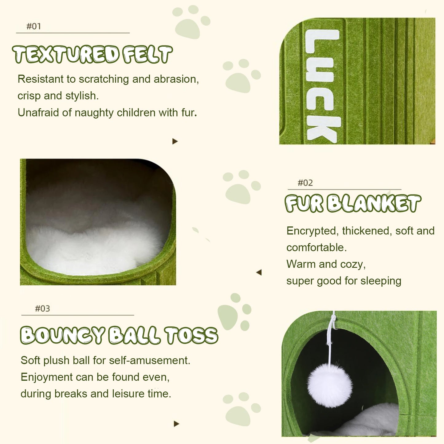 3-Tier Green Felt Cat Bed Multifunction Integrated Felt Cat Cave Creative Cat Bucket for Multi-Cat Family Pet Entertain Nest