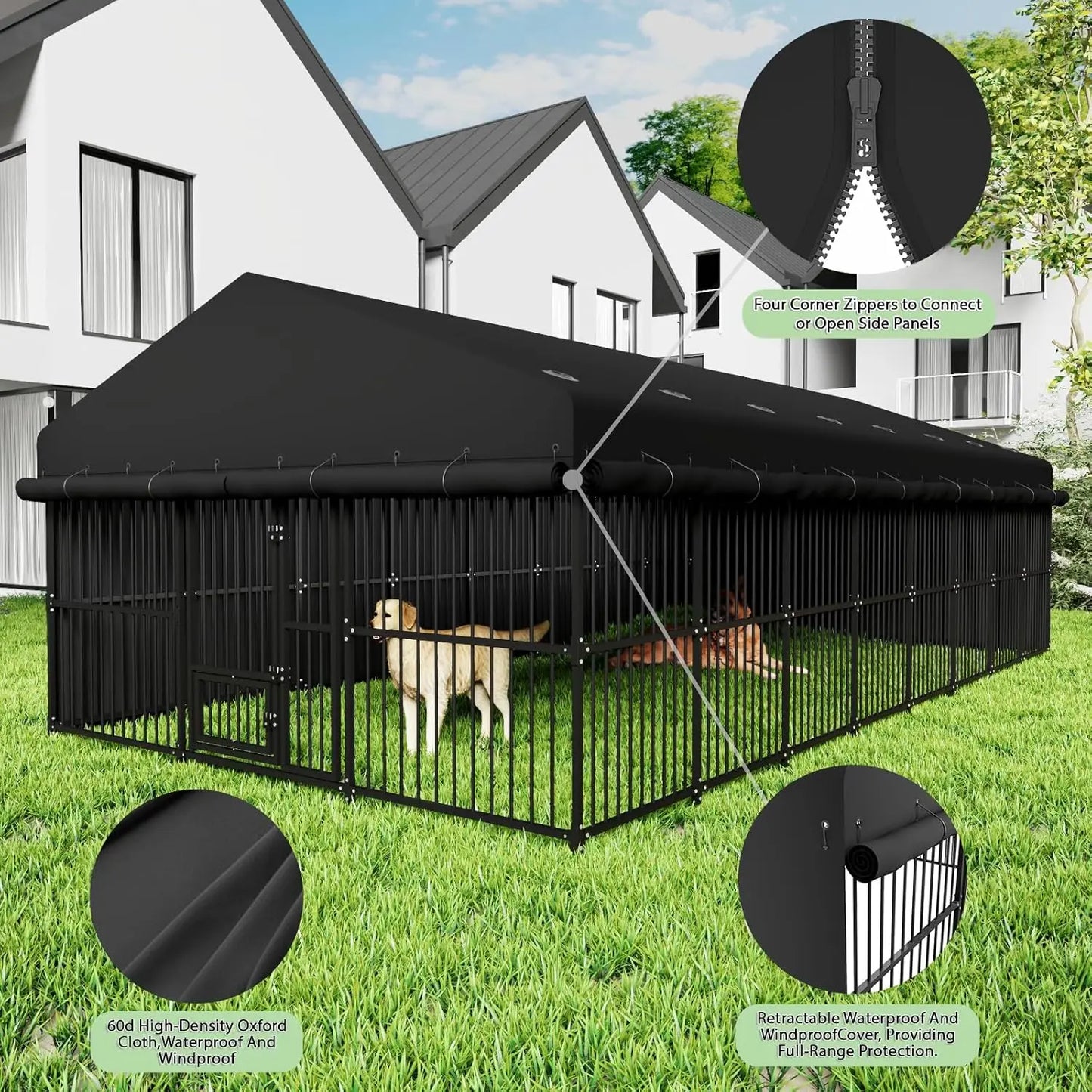 Outdoor Dog Kennel 10x20x6.5 FT, Heavy-Duty Metal Construction with Swivel Door, Fully Enclosed Waterproof Oxford, Customi