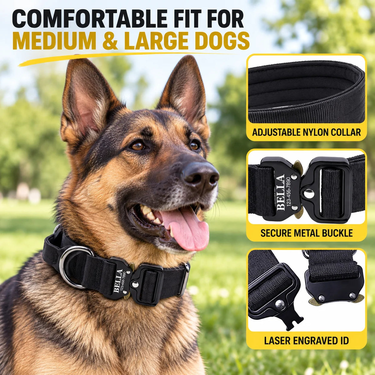 Laser Lettering Tactical Dog Collar, Support Name and Phone Customization, Nylon Material Is Suitable for Medium and Large Dogs