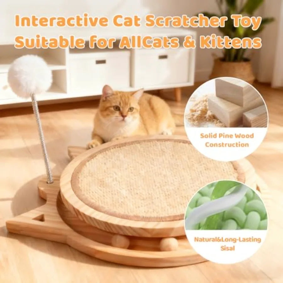 Sisal Cat Scratcher with Ball Track and Spring Toy 3-in-1 Wooden Interactive Cat Toys for Indoor Cats and Kitties Natural Brown