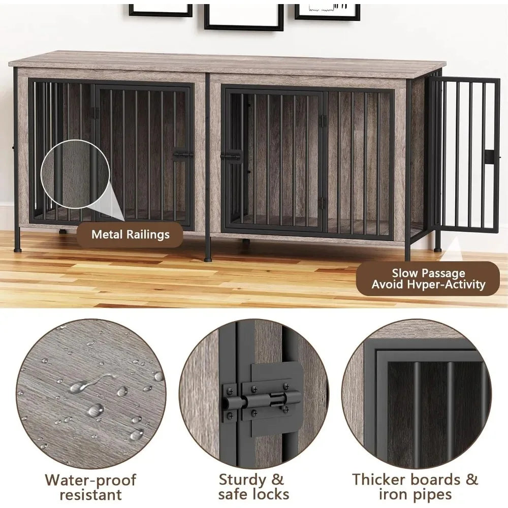 78 Inch Dog Cage Furniture for 2 Pets with Divider, XXL Wooden Double Dog Crate Furniture TV Stand for Mideum and Large Breed,