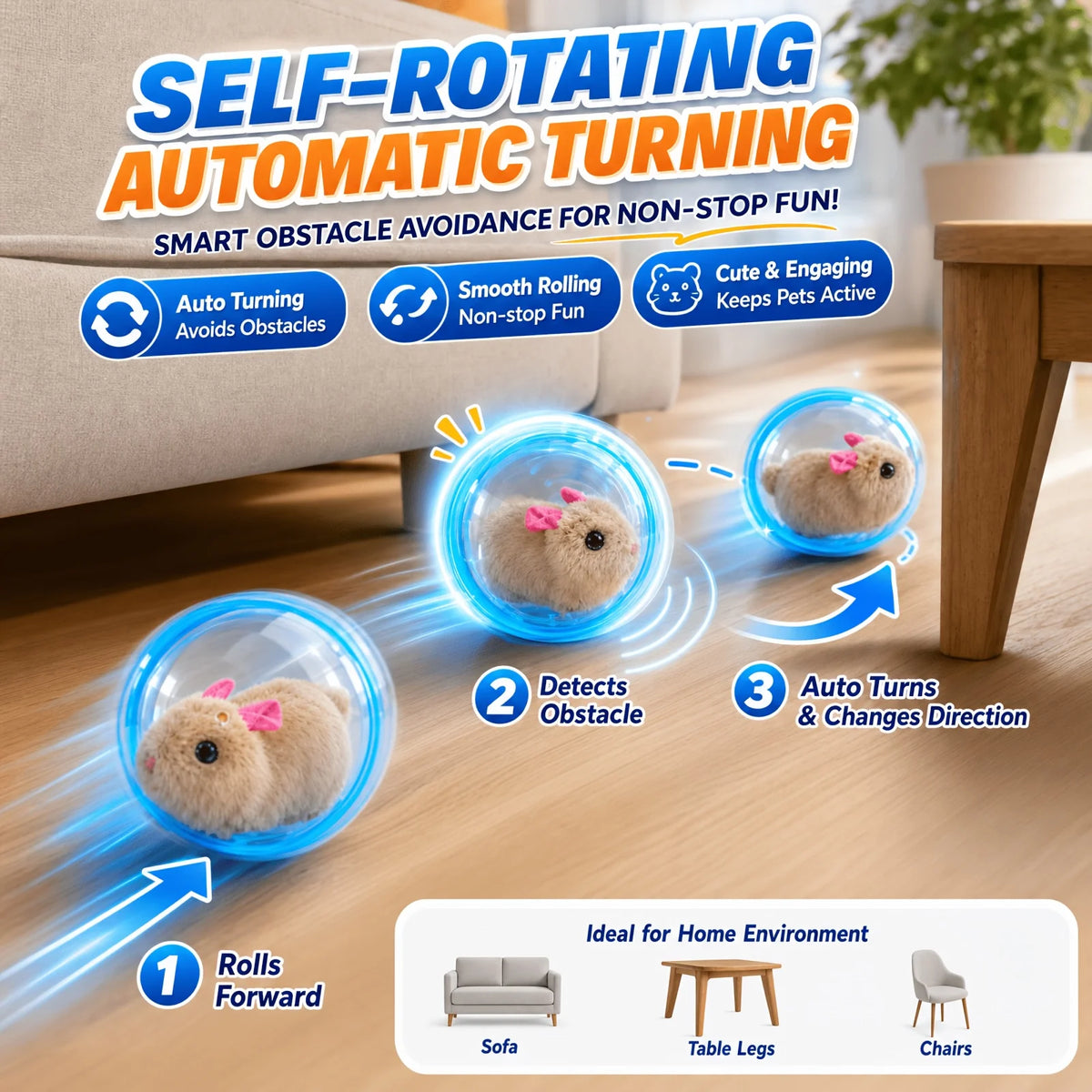 Self‑Rotating Obstacle Avoid Electric Cat Toy Ball, Battery Powered Transparent Interactive Plush Rabbit Rolling Pet Ball for Cats Small Dogs Indoor Exercise