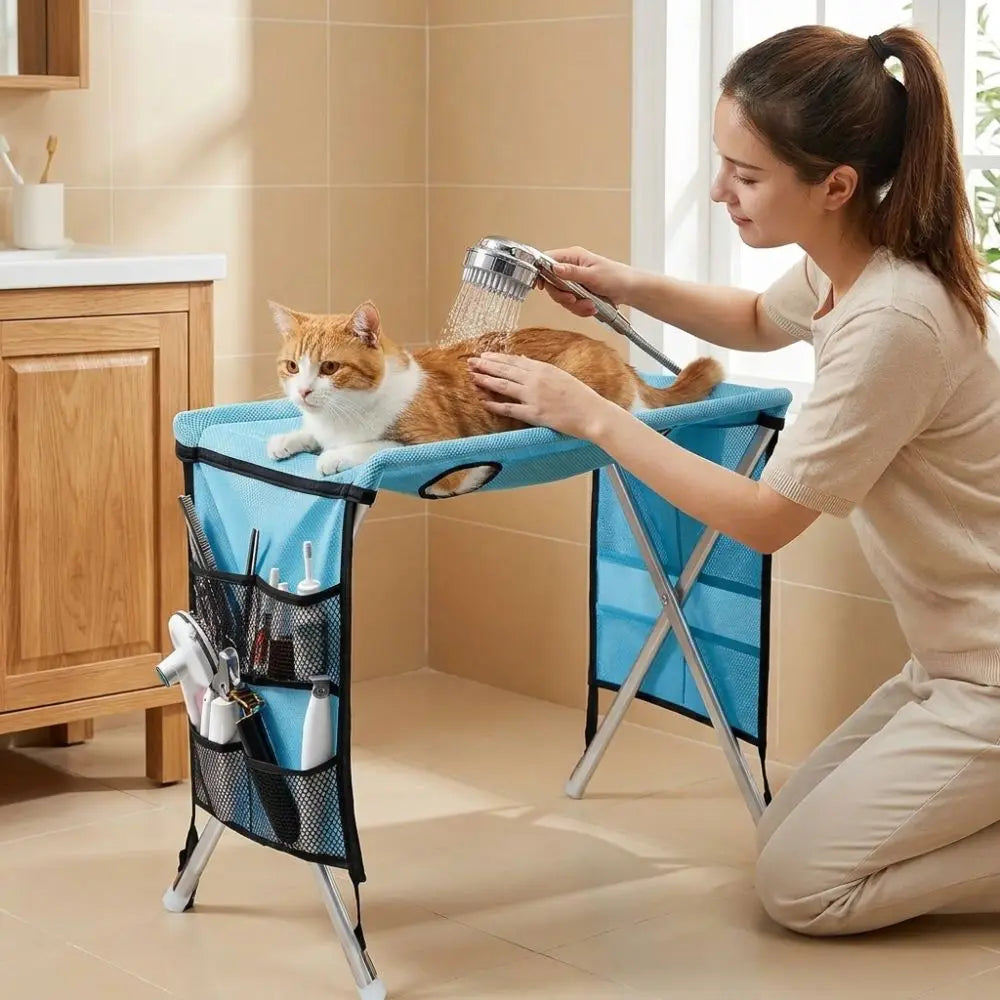 Folding Pet Grooming Hammock Anti-Scratch with Support Frame Pet Washing Station Sturdy Detachable Dog Grooming Table
