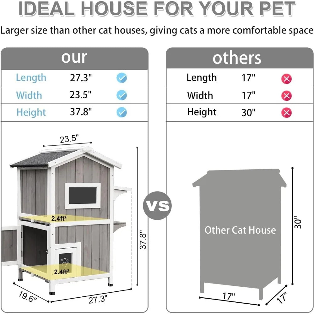 PetsCosset Outdoor Cat Shed Two-story wooden cat house with roof, grey -