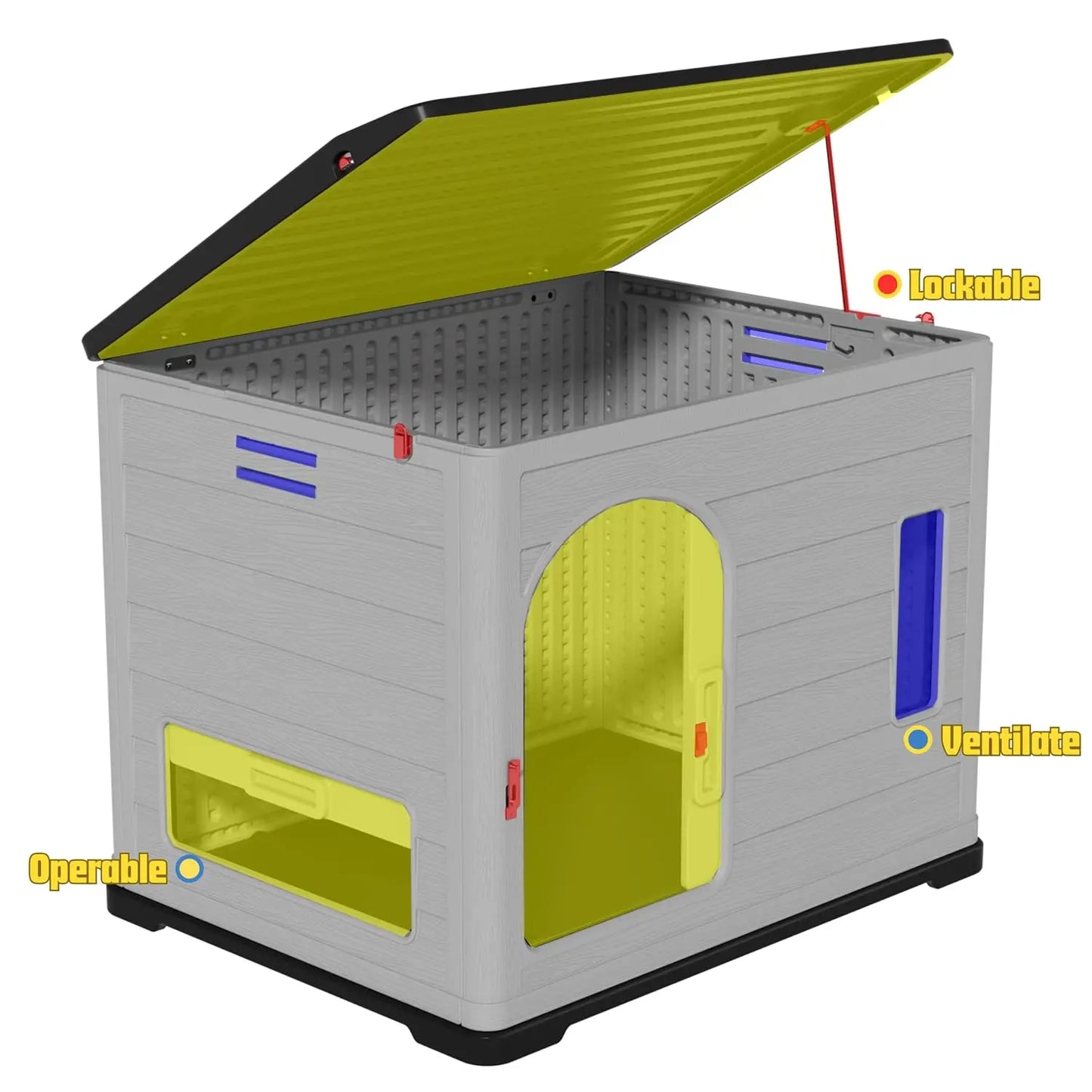 XLarge Plastic Dog House Big Dogs Indoor Outdoor Double-Layer Insulated Open-Top Lockable Door Elevated Floor 46x38x39inchCustom