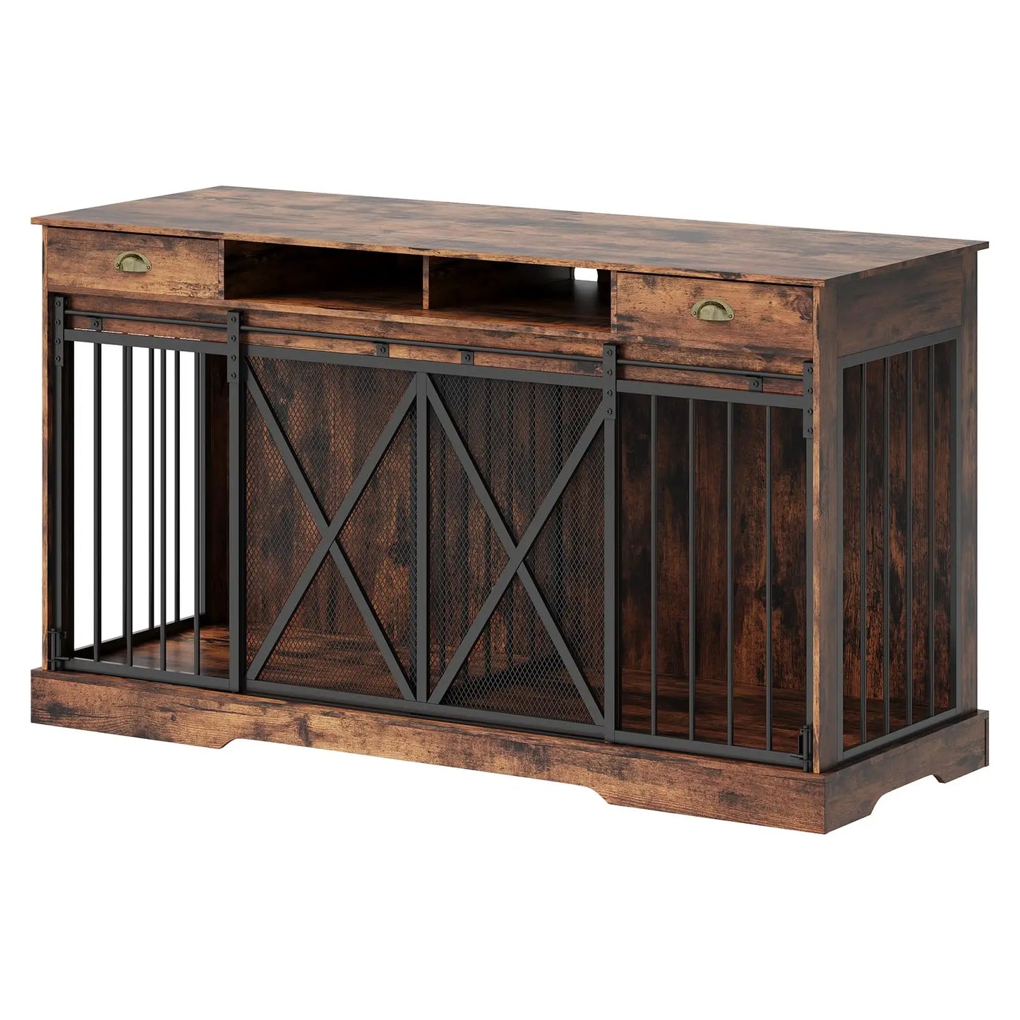 63" Extra Large Double Dog Crate Furniture TV Stand With Removable Divider Sliding Doors Wooden Pet Kennel Indoor Dog House