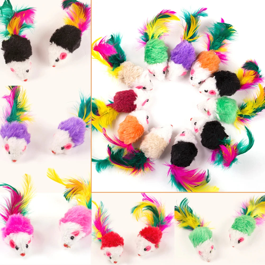 10 Pcs Plush Cat Mouse Toys Colorful Feather Mice Rattle Set Kitten Toys Pet Toys for Indoor Cats Kitten Puppy Pet Supplies