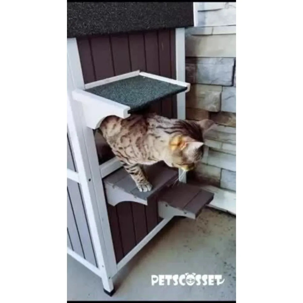 PetsCosset Outdoor Cat Shed Two-story wooden cat house with roof, grey -