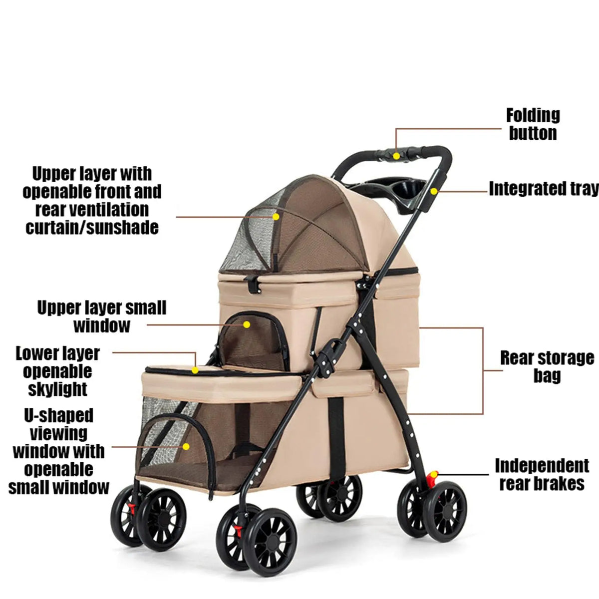 Foldable Double Decker Pet Stroller 4 Wheels Breathable Mesh Puppy Cat Travel Stroller for Multi-Pet Families Outdoor Walking