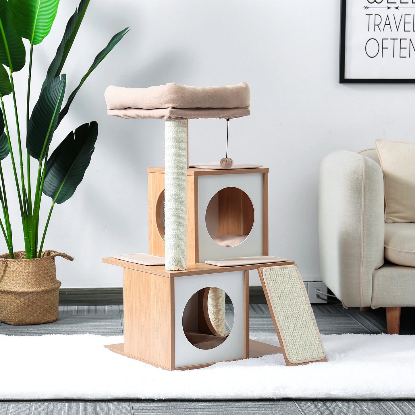 Wooden Cat Tower with Double Condos Spacious Perch Fully Wrapped Scratching Sisal Posts and Replaceable Dangling Balls
