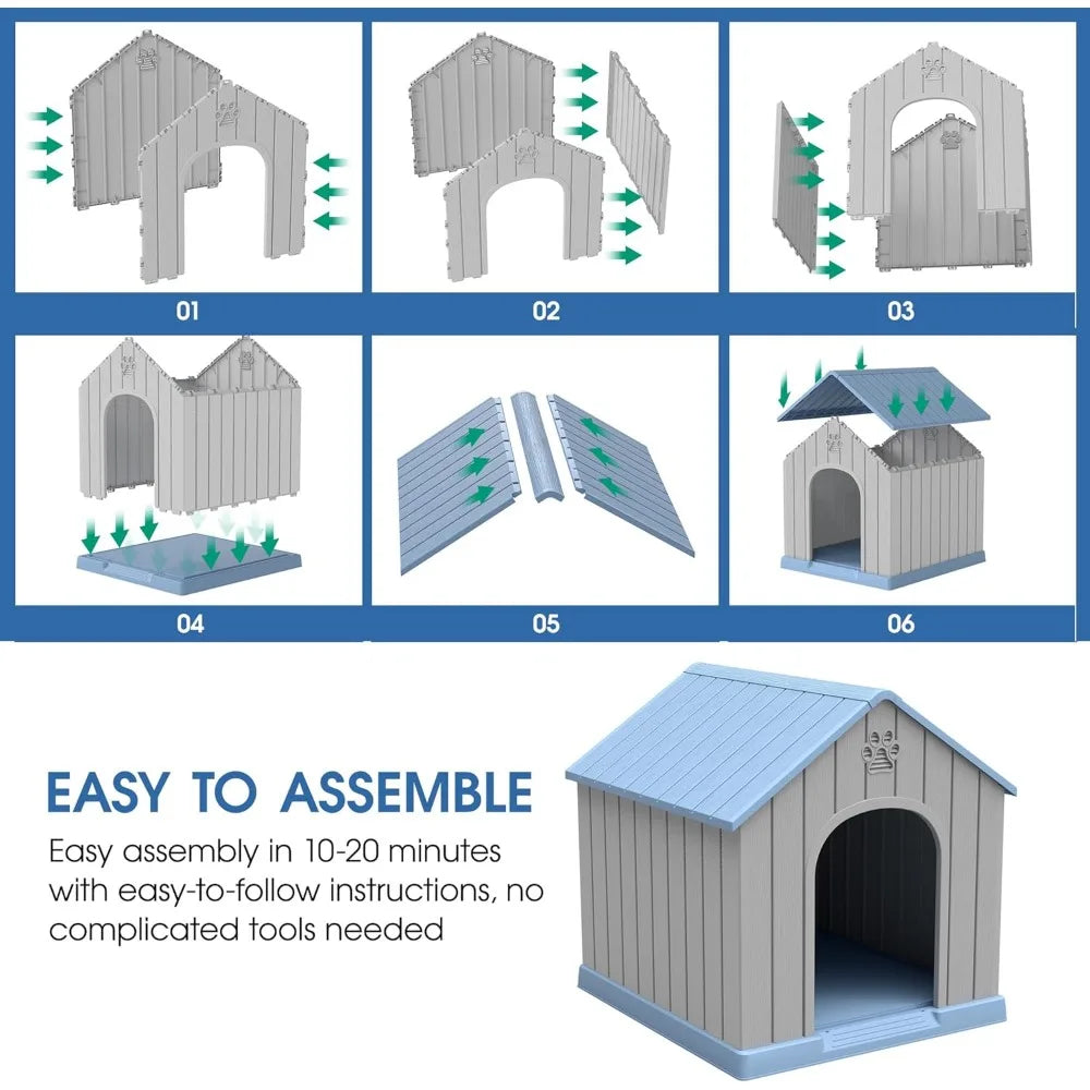 Dog House Outdoor Indoor for Medium Large Dogs, Durable Plastic Waterproof Doghouse with Air Vents and Elevated Floor