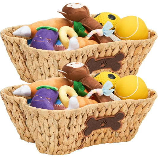 Wicker Basket for Pet Toys, 2 Pack Stylish and Natural Dog and Cat Toy Basket, Dog Storage Organizer with Bone Shape