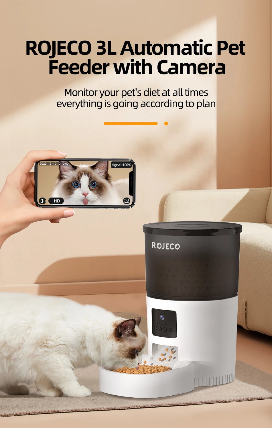 ROJECO 3L Automatic Dog Feeder With Camera Smart Pet Food Dispenser For Dogs WIFI Remote Food Feeding with Stainless Steel Bowl
