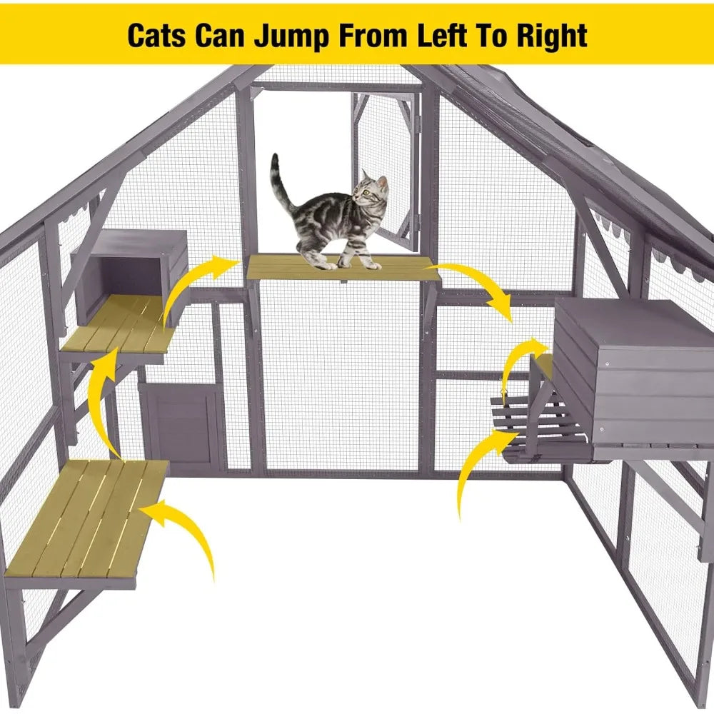 Aivituvin Catio Outdoor Cat Enclosure Large Cat Run with Bridges, Walks, Small Houses, Roof Cover 28.27 ft²